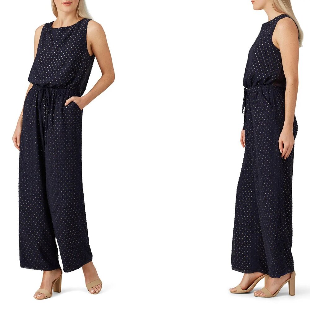 MAISON DE PAPILLON Navy Jumpsuit Size Small Gold Swiss Dot Rent the Runway $395